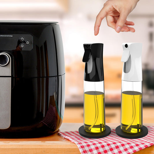 2 x 300ml ölsprüher für speiseöl + Trichter + 2 rutschfeste Halterungen | BPA-freies Kochspray für Öl, Essig, Soja, Zitrone