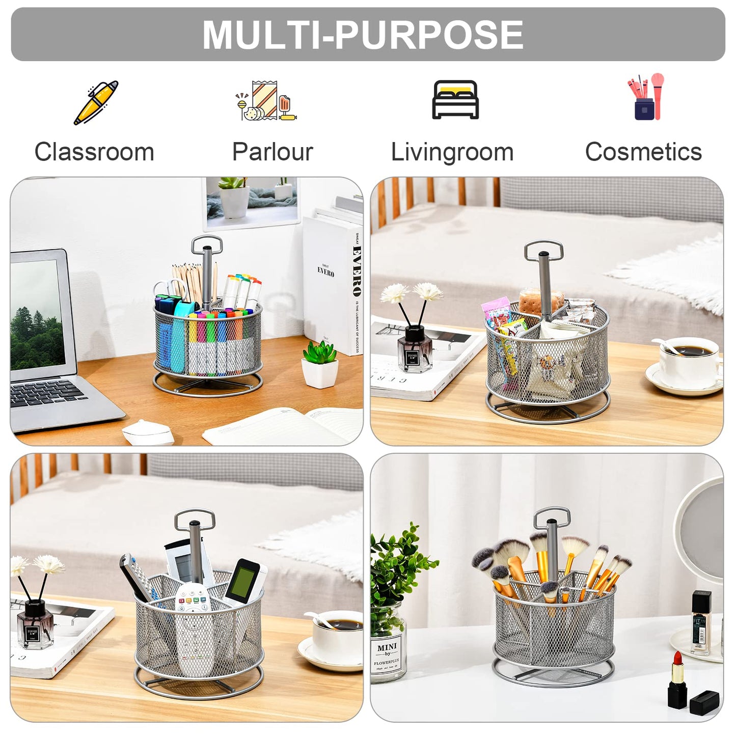 Marbrasse Mesh Schreibtisch Organizer,360Grad Drehbarer Multifunktionaler Stifthalter,4Fächer,Stiftehalter,Aufbewahrungsbox für Zuhause, Büro Stifthalter (Silber)