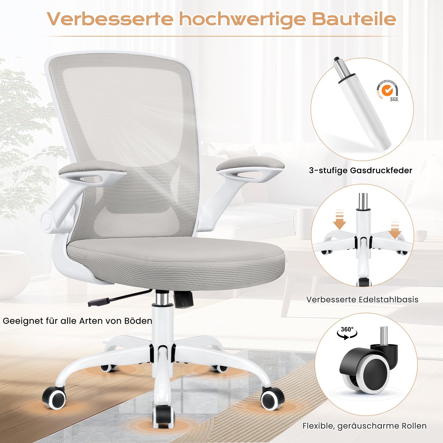 KERDOM Ergonomischer Bürostuhl mit klappbaren Armlehnen – atmungsaktives Netz, Lendenstütze, Schwarz