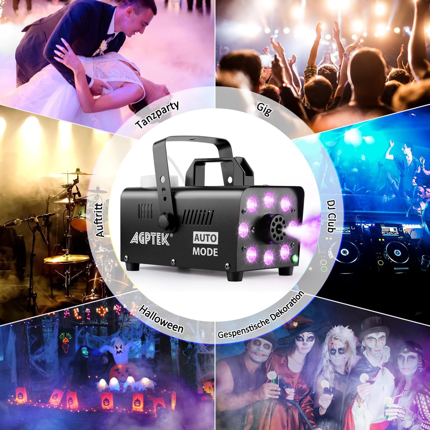 Nebelmaschine, AGPtEK Rauchmaschine mit 13 farbigen LED Lichtern und RGB Effekt, 500W und 2000CFM mit 2 kabelgebundenen und Funkfernbedienungen, perfekt für Hochzeiten, Halloween und Bühnenshows