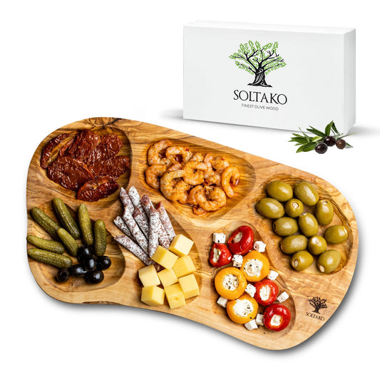 SOLTAKO La Rustica - Große rustikale Snackschale aus Olivenholz Dipschale Tapasteller Schale Holz Olivenholz Holzschale Salatschüssel Brotschale für Tapas
