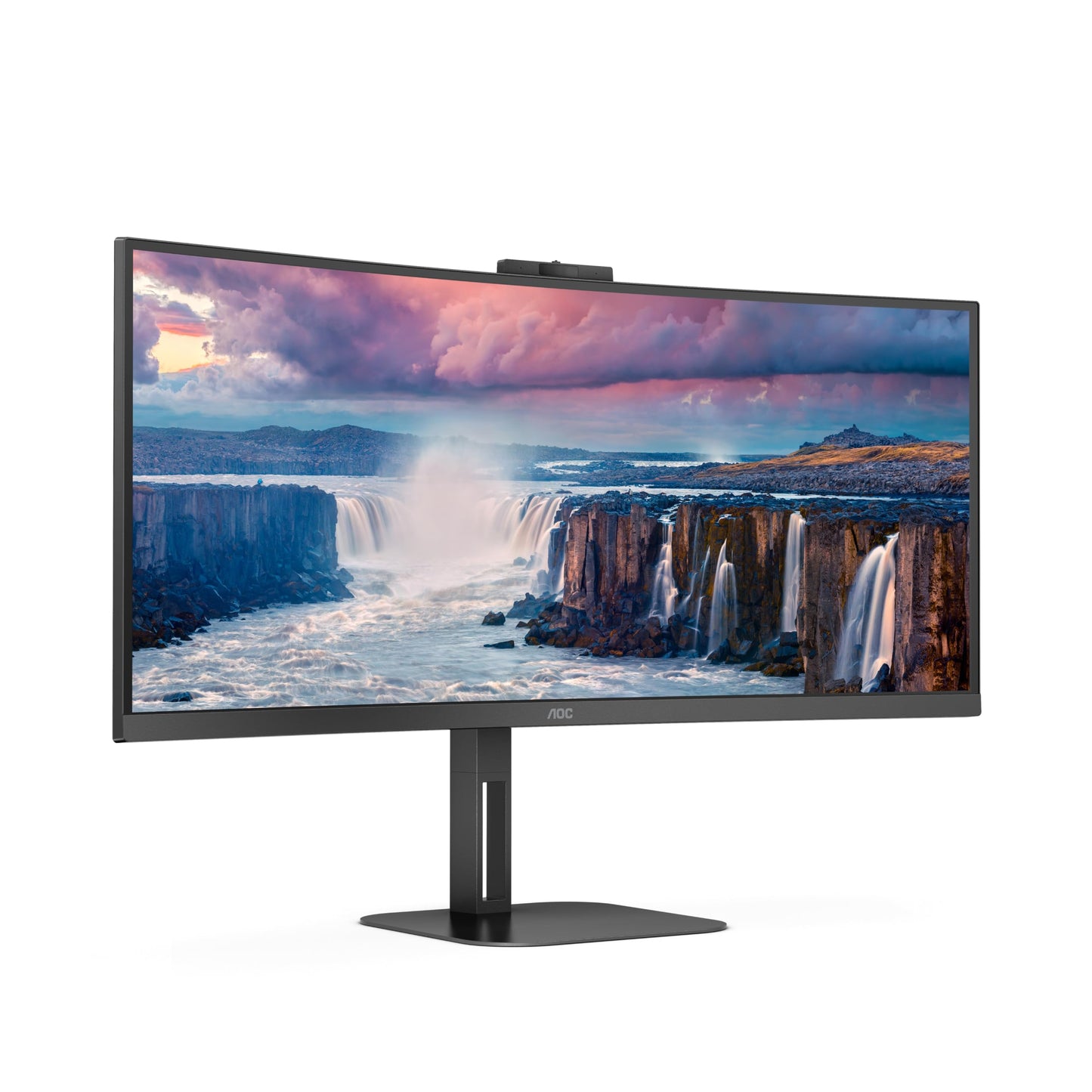 AOC CU34V5CW - 34 Zoll WQHD Curved Monitor, 2 MP Webcam, Lautsprecher, höhenverstellbar (3440x1440, 100 Hz, HDMI, DisplayPort, USB-C, USB Hub) schwarz