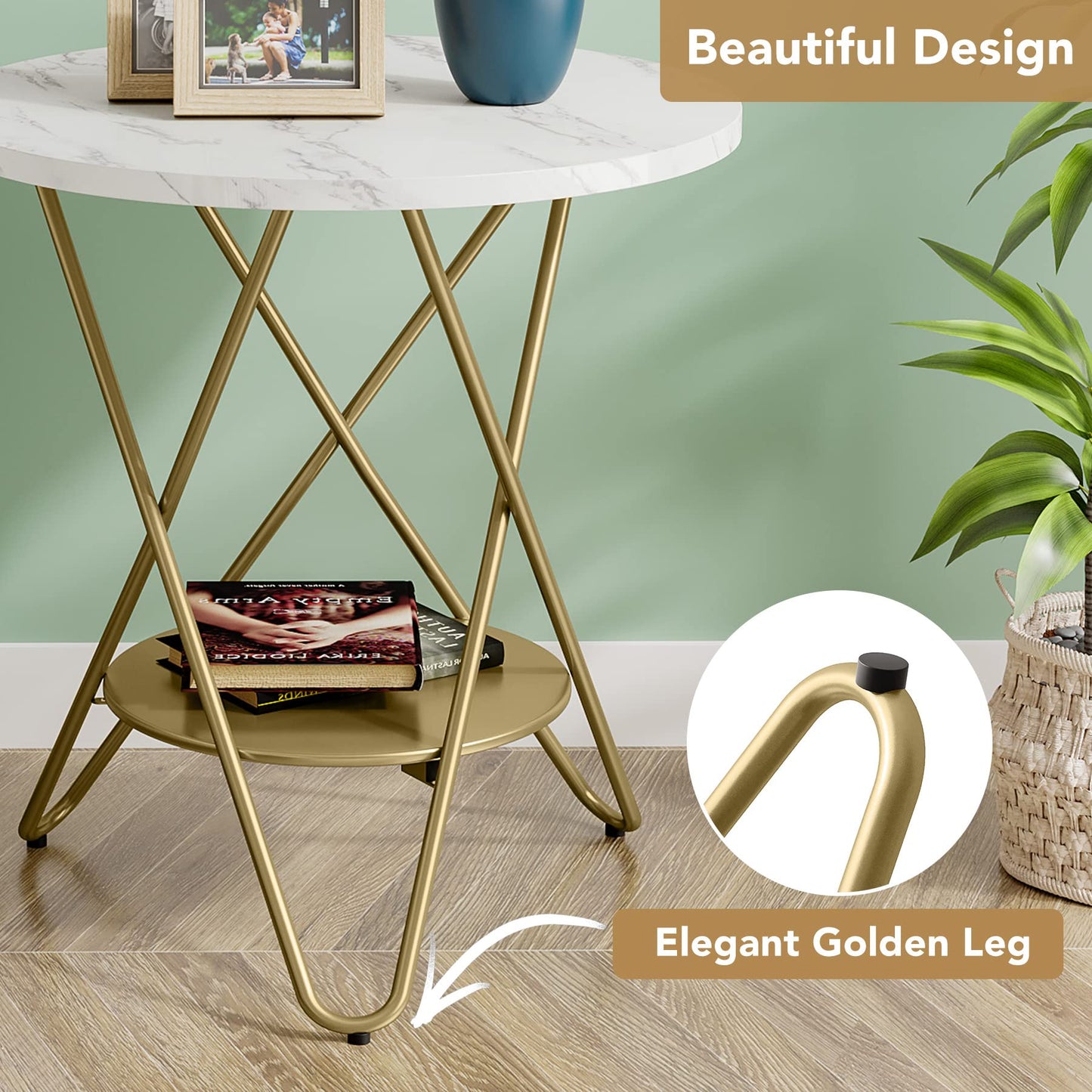 Tribesigns Faux Marmor End-Tisch, 2-stufiger runder Seitentisch, Beistelltisch mit Metalllegen, kleiner Akzent Tisch Snack Tisch für Wohnzimmer, Schlafzimmer, Balcony, Weiß und Gold (1, Weiß und Gold)