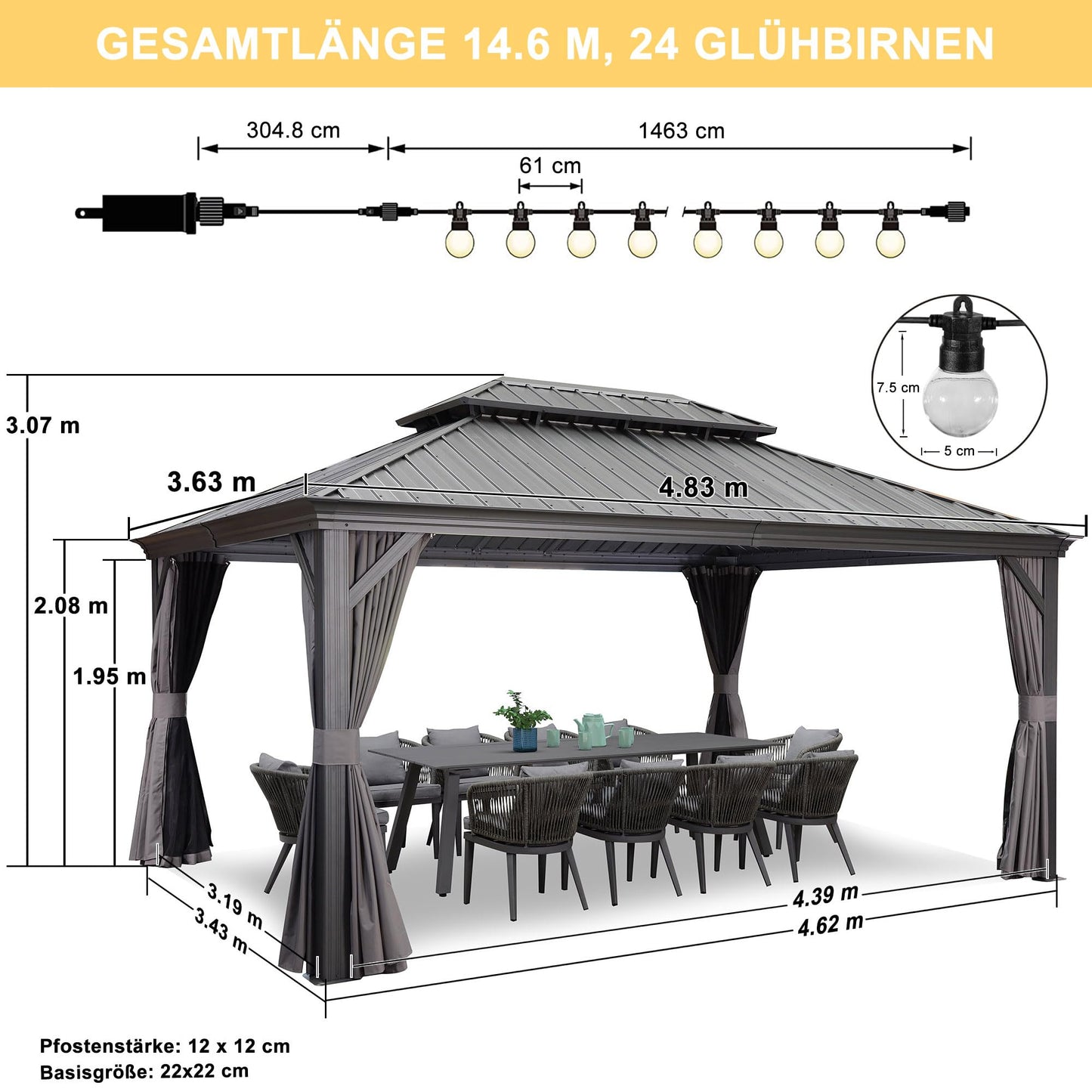 PURPLE LEAF Hardtop Pavillon 3.65 x 4.85 m Wasserdicht Stabil Winterfest Gartenpavillon mit Seitenteile Alu Pavillon 14.6 m 24 LED Lichterkette Glühbirnen, Grau