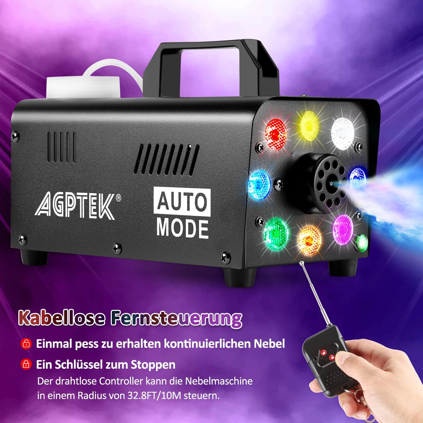 Nebelmaschine, AGPtEK Nebel Maschine mit kabelloser Fernbedienung UND LED Licht, 500 WATT Stabil & Tragbar, Passend für Halloween, Weihnachten, Hochzeitsfeiern & Bühnenauftritte usw