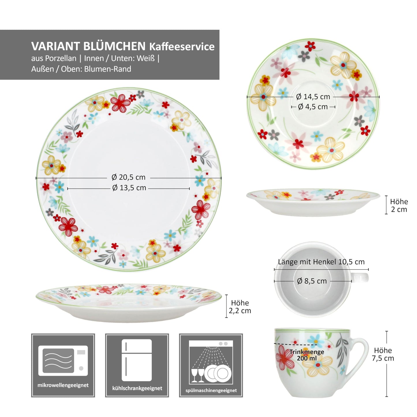 MamboCat Variant Blümchen 18tlg Kaffeeservice I farbige Porzellan-Kaffeeset für 6 Personen I Je 6X Kaffeetassen 200ml, Untertassen & Kuchenteller I buntes Geschirr für Frühstück & Kaffee