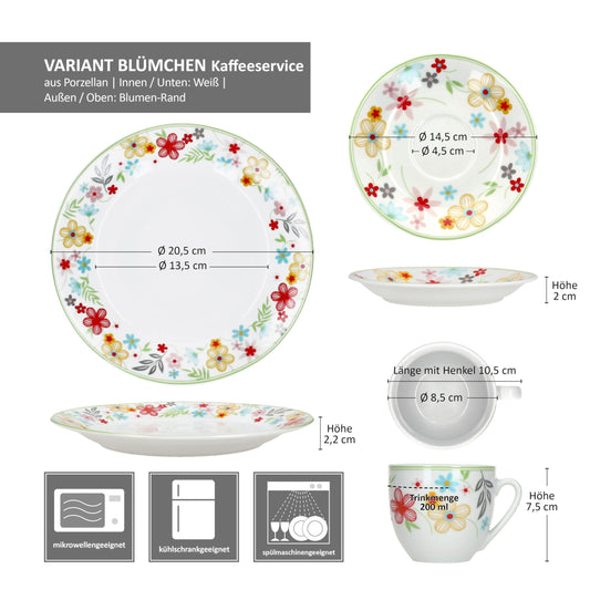 MamboCat Variant Blümchen 18tlg Kaffeeservice I farbige Porzellan-Kaffeeset für 6 Personen I Je 6X Kaffeetassen 200ml, Untertassen & Kuchenteller I buntes Geschirr für Frühstück & Kaffee