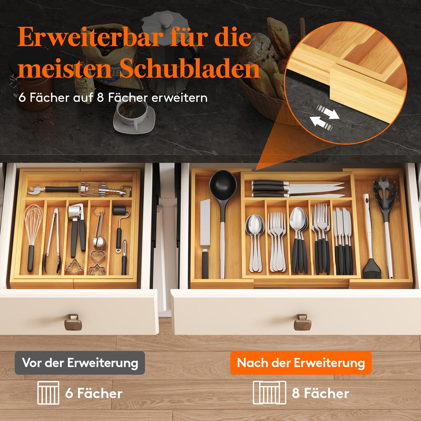 Lifewit Besteckhalter, Erweiterbarer Utensilienhalter für Schublade, Verstellbarer Besteckkasten, Kompakt Besteckeinsatz für Schubladen aus Bambus für Löffel, Gabeln, Messer, Groß, Naturfarbe