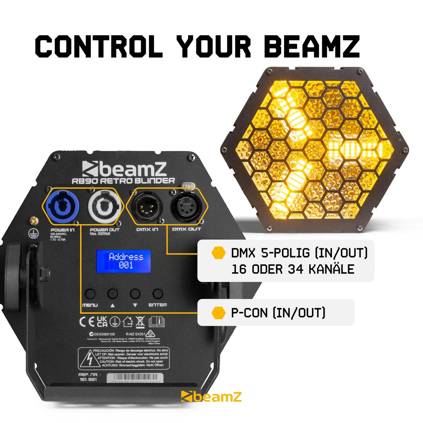 BeamZ RB90 Retro Stage Blinder 3 x 30 Watt LED Effektstrahler DMX Licht, 3-in-1 Bühnenlicht Deko DJ Lichtanlage Party, Lichtorgel Warmweiß, 72x RGB-SMD-LEDs, Stroboskop, Disco Beleuchtung