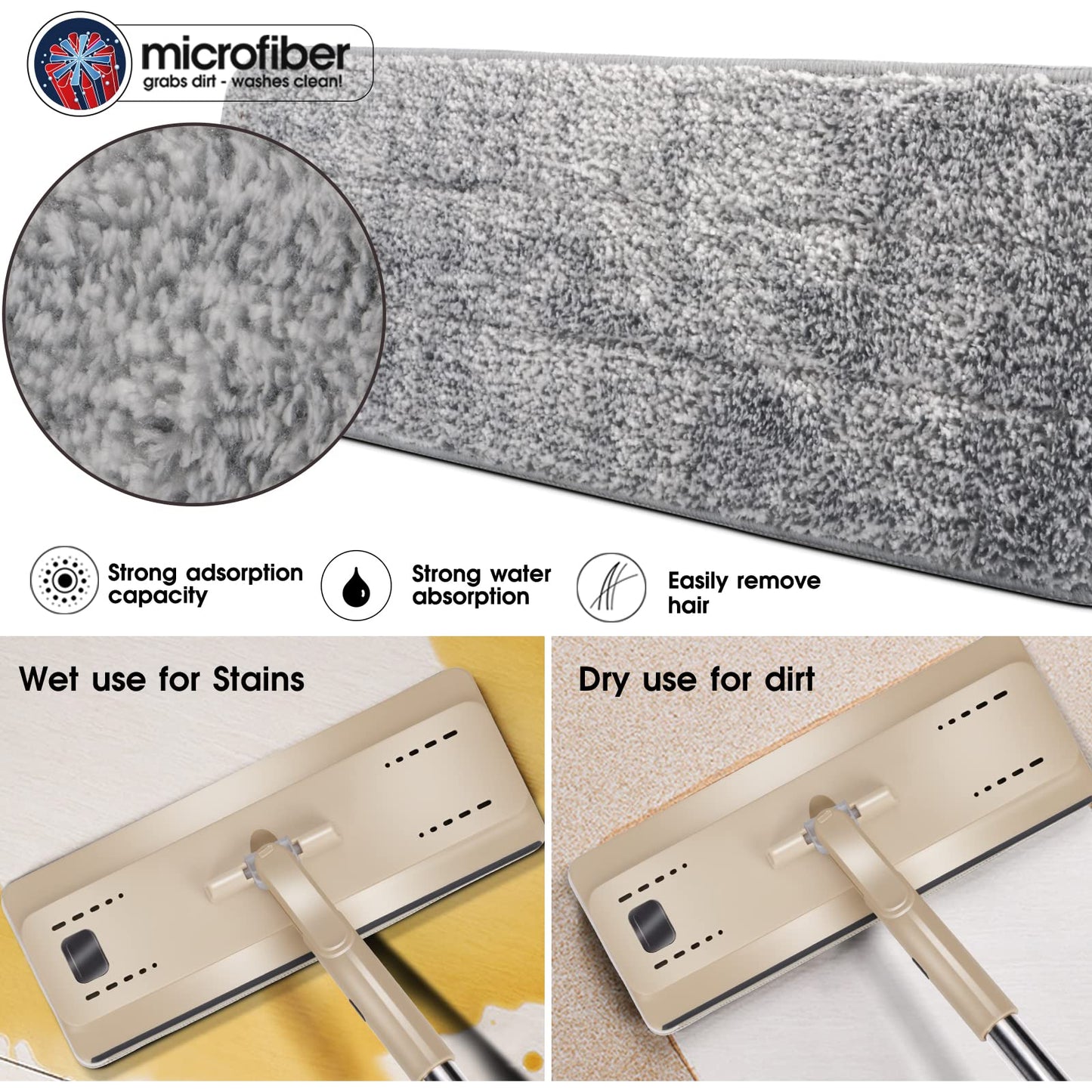 Masthome Wischmopp Set mit Eimer,Bodenwischer Set mit Eimer, 138cm Wischmopp mit Auswringfunktion, 6 Wischpads,Mikrofaser Flacher Mopp aus Einstellbar Edelstahlgriff für Alle Bodentypen Bodenreinigung