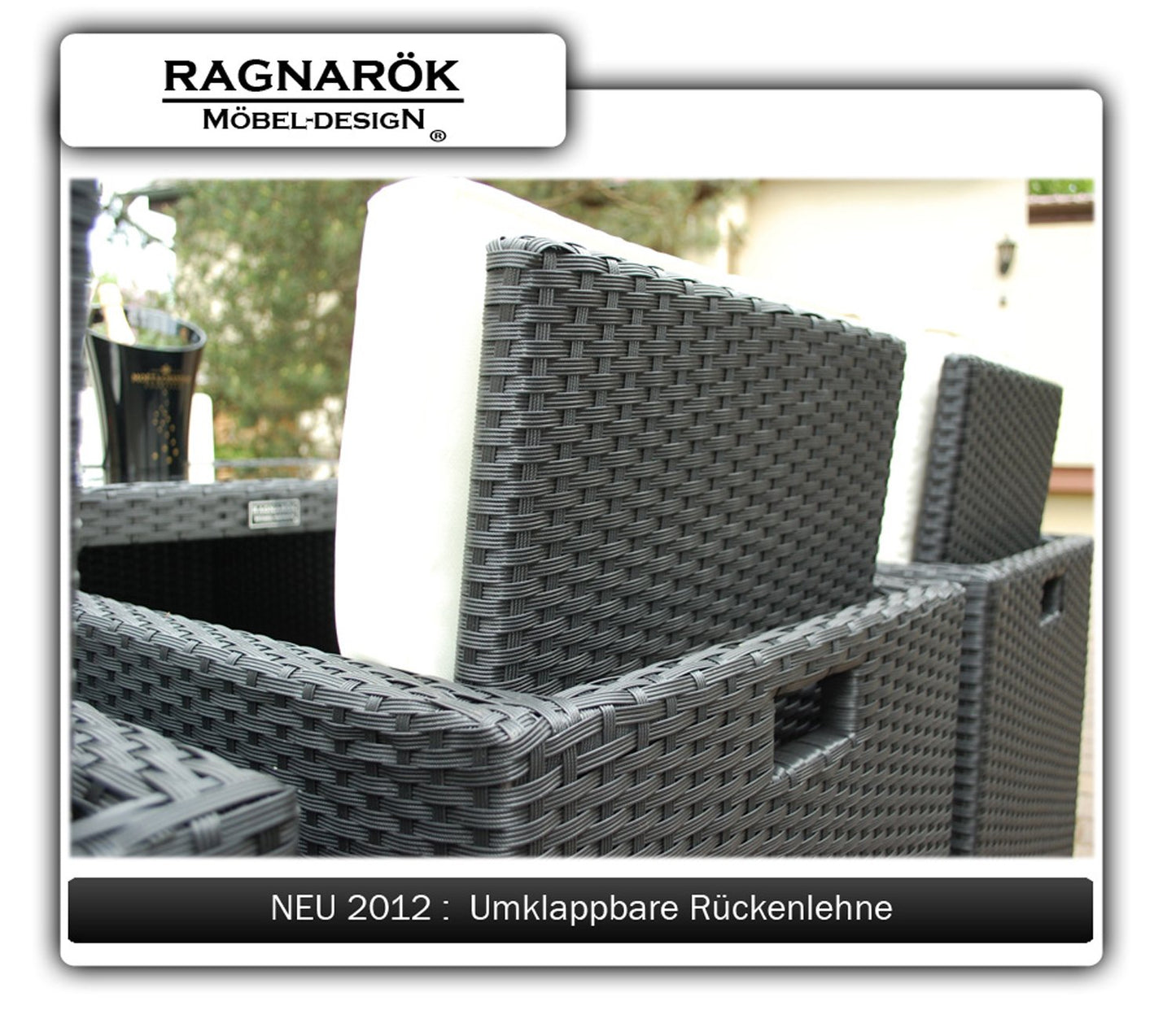 Ragnarök-Möbeldesign PolyRattan Essgruppe - DEUTSCHE Marke - EIGNENE Produktion - 8 Jahre GARANTIE - 6 Stuhl 4 Hocker Garten Möbel Glas Polster schwarz Gartenmöbel Dinning Aluminium Rostfrei