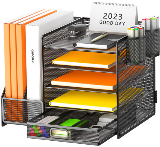 Restorgan Schreibtisch Organizer aus schwarzem Metallgitter mit 5 Ablagen, Schublade, Zeitschriftenhalter und Stiftehalter – ideal zur Büroorganisation und Platzersparnis.