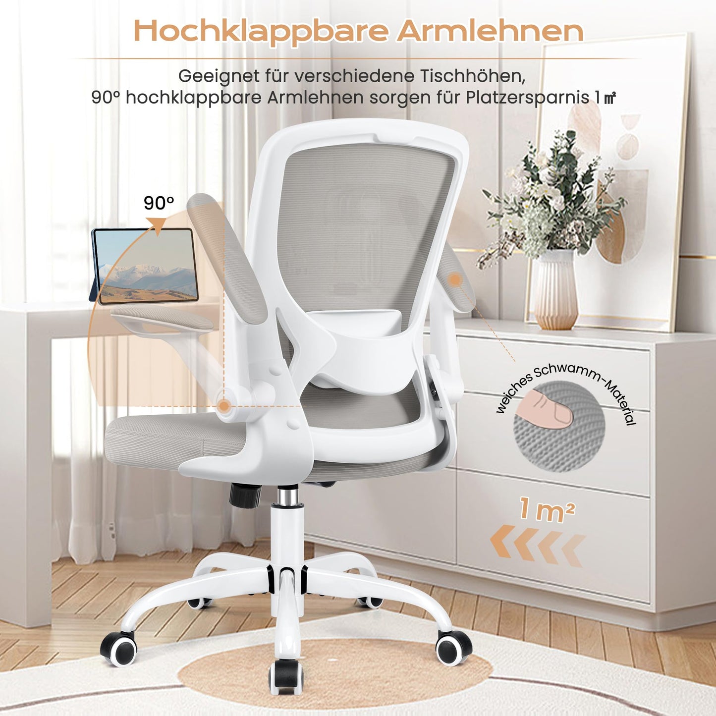 KERDOM Ergonomischer Bürostuhl mit klappbaren Armlehnen – atmungsaktives Netz, Lendenstütze, Schwarz
