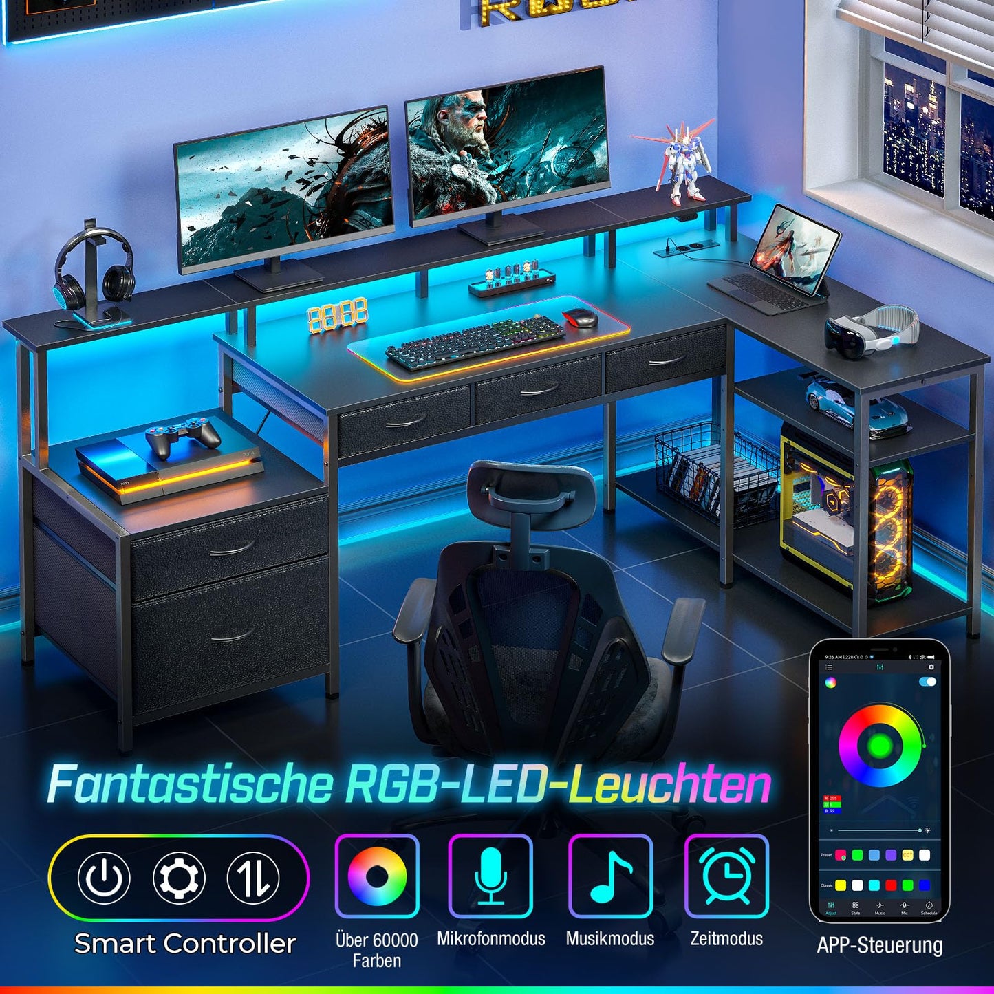 Rolanstar Schreibtisch L Form mit Schubladen, reversibler Gaming Tisch mit Steckdose, LED & Monitorständer 163 cm Computertisch für Büro Arbeitszimmer Schlafzimmer