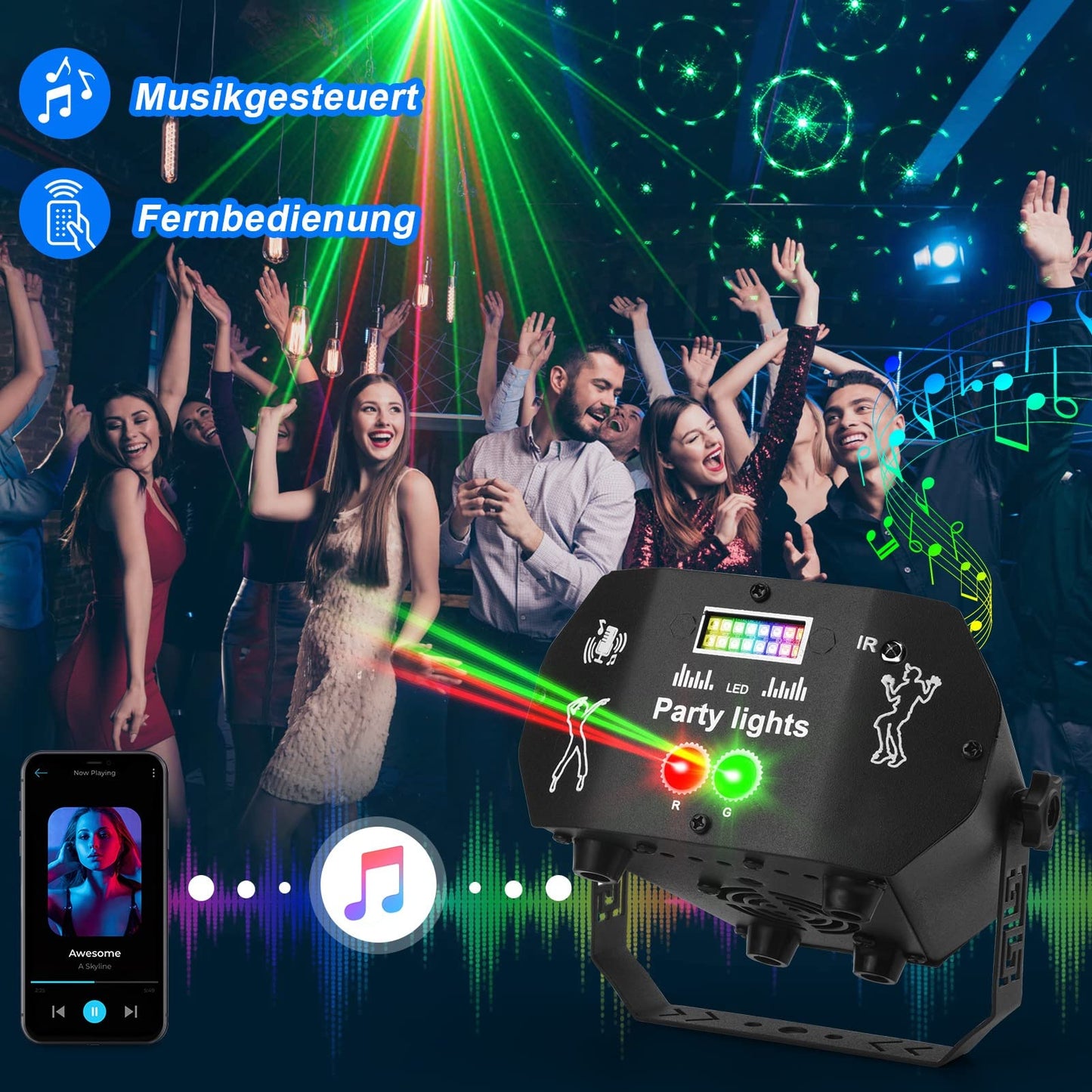 Nigecue Discolicht Partylicht mit Fernbedienung, Musikgesteuert Disco Licht mit Stroboskop, Sprachsteuerte LED DJ Party Lampe Discokugel mit 2M USB Kabel für Halloween Weihnachten Klub Feiertage