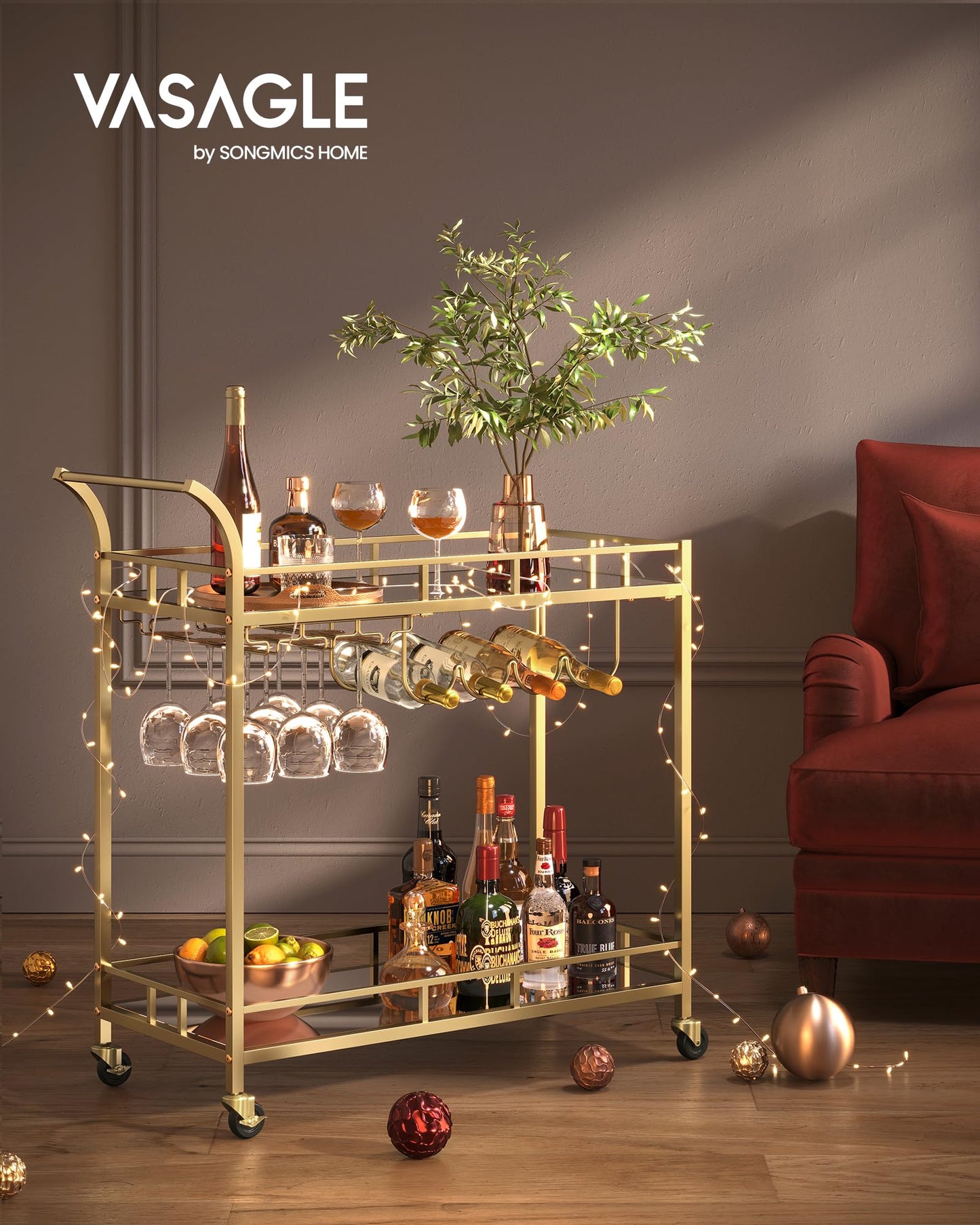 VASAGLE Servierwagen, Rollwagen, Gläserhalter, 2 verspiegelte Glasablagen, Barwagen, Weinwagen, für Küche, Esszimmer, Bar, goldfarben LRC090A03