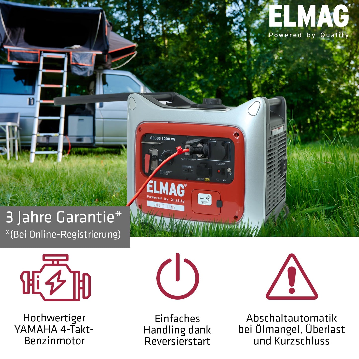 ELMAG Inverter Stromerzeuger SEBSS 3000Wi – 2,6 kVA Benzin Stromgenerator mit 4-Takt-Motor, leise & kraftvoll – Stromaggregat mit ECO-Modus, 2 x 230V, USB & 12V – Für Camping, Outdoor & Notstrom