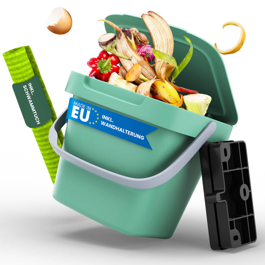 Fabigreen Biomülleimer Küche 3L inkl. Schwammtuch (2er Set) - Made in EU - Komposteimer Küche für Biomüll Behälter - geruchsdichter Bio Mülleimer klein mit Deckel Bio Eimer (Grün (3L))