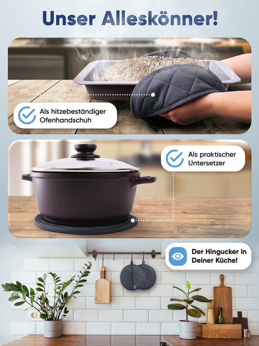 WOHNHELD® Topflappen Set (Hitzebeständig bis 250°C) weiche & waschbare Baumwolle, Ofenhandschuhe Topfuntersetzer Topfhandschuhe Rund Grau