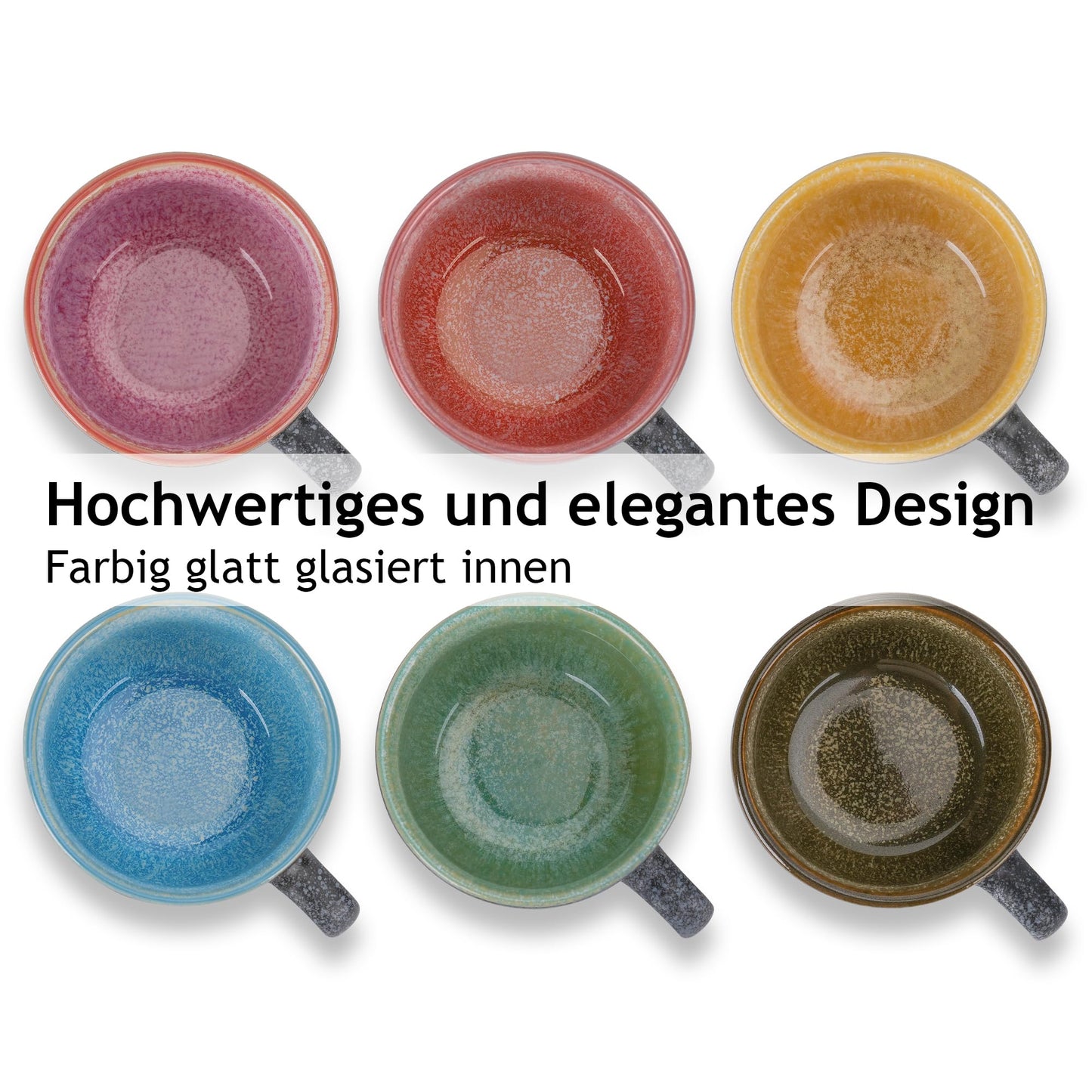 MIAMIO - 190 ml stapelbare Cappuccinotassen aus Keramik mit Untertassen und Metallständer - 6er Tassen aus Steingut für Kaffee, Americano, Latte, Café Mocha und Tee - Las Palmitas Collection