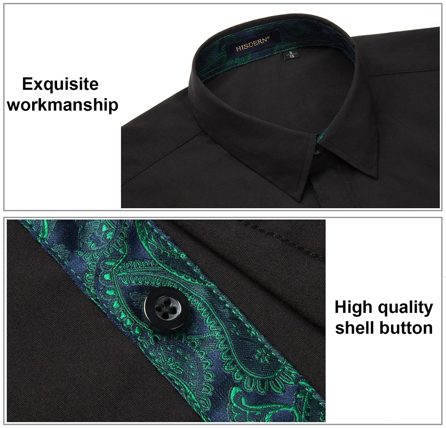 HISDERN Herren Hemd mit klassischem Kragen Herren Hemd mit klassischem Kragen Schwarz Grün Paisley Hemd Casual Formal Button Down Regular Fit Hemden Langarm