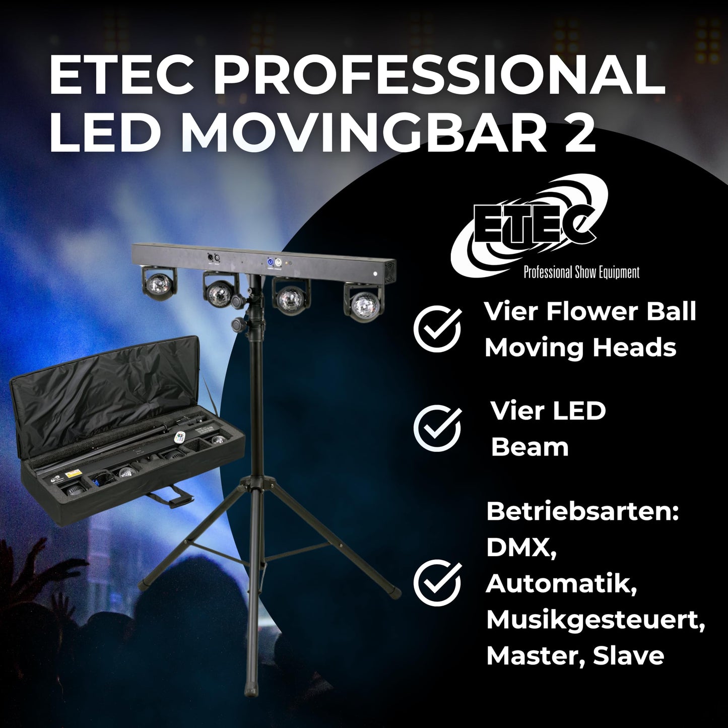 ETEC Professional LED Movingbar 2 inkl. Stativ u. Tasche Astro Balls 12W RGBW Beam 12W RGBW Moving Heads Party DJ Disco Scheinwerfer Veranstaltung Bühnenbeleuchtung Farbmischung