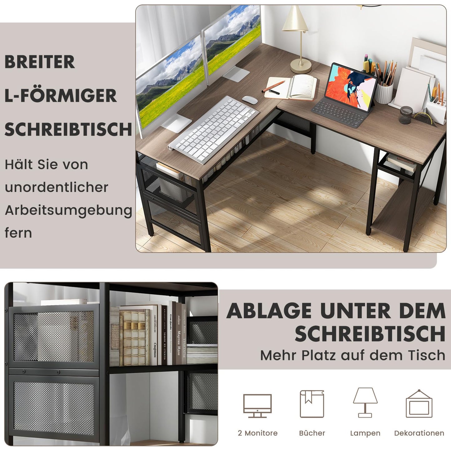 COSTWAY L-förmiger Schreibtisch, reversibler Eckschreibtisch mit Gitterregalen & CPU-Ständer, Ecktisch, Computertisch, Bürotisch für Home Office, 140 x 120 x 74 cm