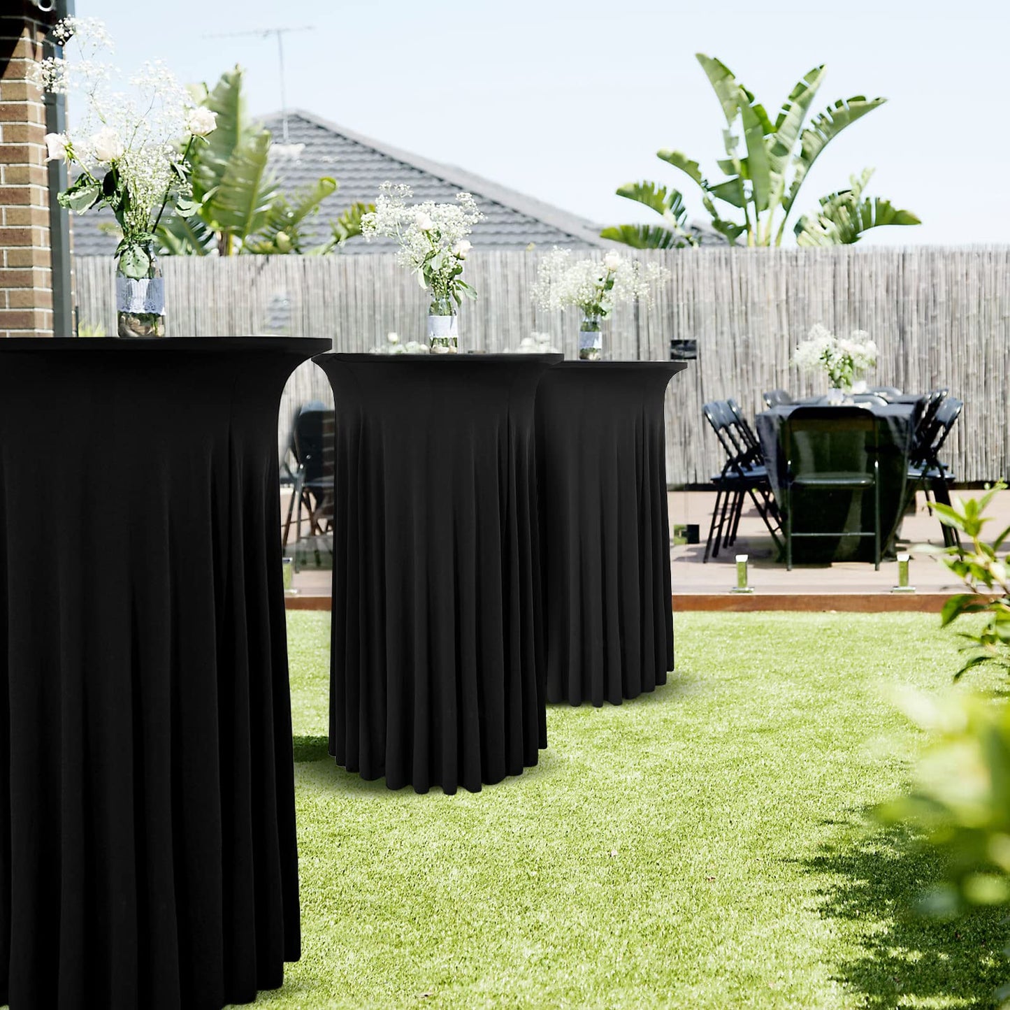 4er-Set Schwarz Stehtisch Hussen für Bistrotisch 60 x 110 cm Spandex-Stretch Tischdecke mit Rock, Runder Cocktail-Tischrocke für Hochzeit, Bar, Party, Geburtstag, Banketttisch
