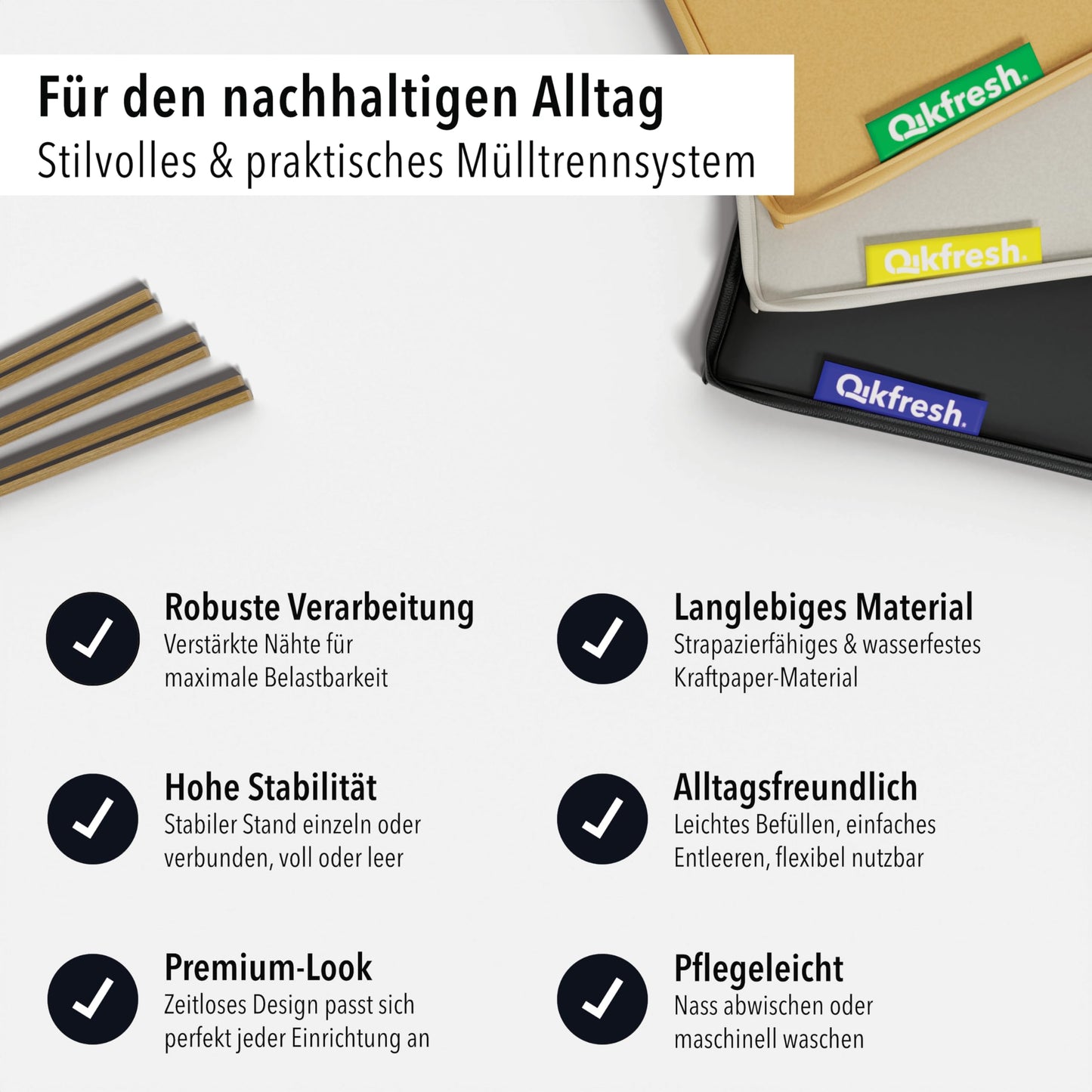 qikfresh - Mülltrennsystem 3er Set | Abfalltrennsystem mit 3 Fächer zum Recycling von Altglas, Altpapier, Kunststoff, Leergut, etc. | Sammelbehälter zur Abfall Aufbewahrung (Symbole + Text)