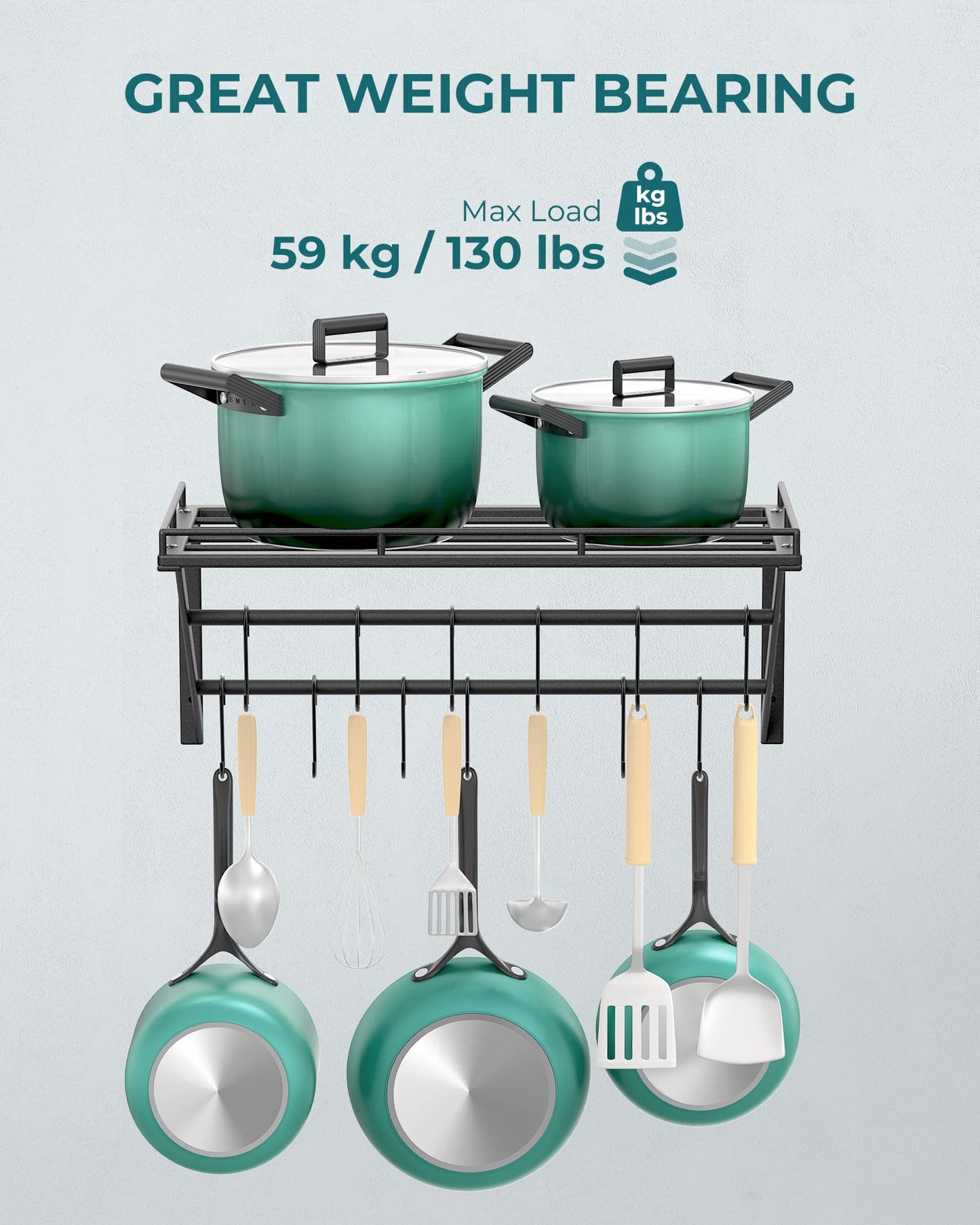 OROPY Topf-Rack, 3-Schicht Eisen Küchenregal Wandmontage, Pfannenhalter mit 12 Haken, 60 * 29.5 * 24.5cm, Küchenutensilienhalter, Küche Wandregal für Töpfe und Pfannen