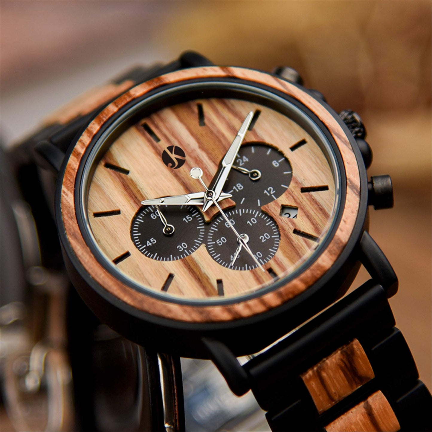 Kim Johanson Herren Holz-Edelstahl Armbanduhr *Military* in Hellbraun Chronograph mit Stoppuhr & einem Gliederarmband Handgefertigt Quarz Analog Uhr inkl. Geschenkbox