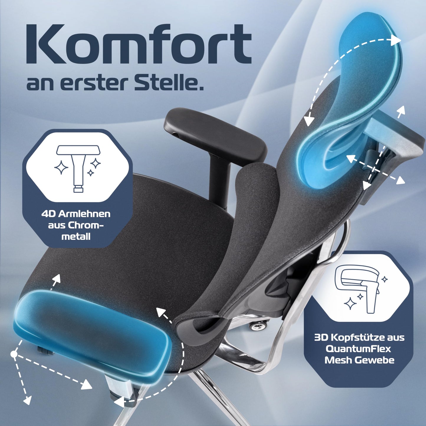 CLOUVOU MasterSeat Bürostuhl Ergonomisch | Schreibtischstuhl [QuantumFlex, 4D-Chrom-Metallarmlehne, Phantom Wheels] | Büro Stuhl, Computerstuhl Home Office Chair Ergonomic, Drehstuhl 150 kg