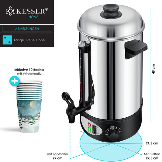KESSER Glühweinkessel 8L, Edelstahl, mit Thermostat und 10 Bechern, Heißgetränkeautomat für Glühwein, Tee und Suppen, Ideal für Partys