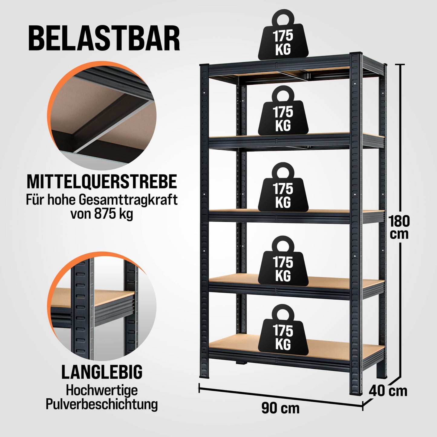 Monzana® 2X Schwerlastregal 180x90x40cm Schwarz Montagematerial 1750kg 10 MDF-Platten Kellerregal Lagerregal Steckregal Metallregal Werkstattregal