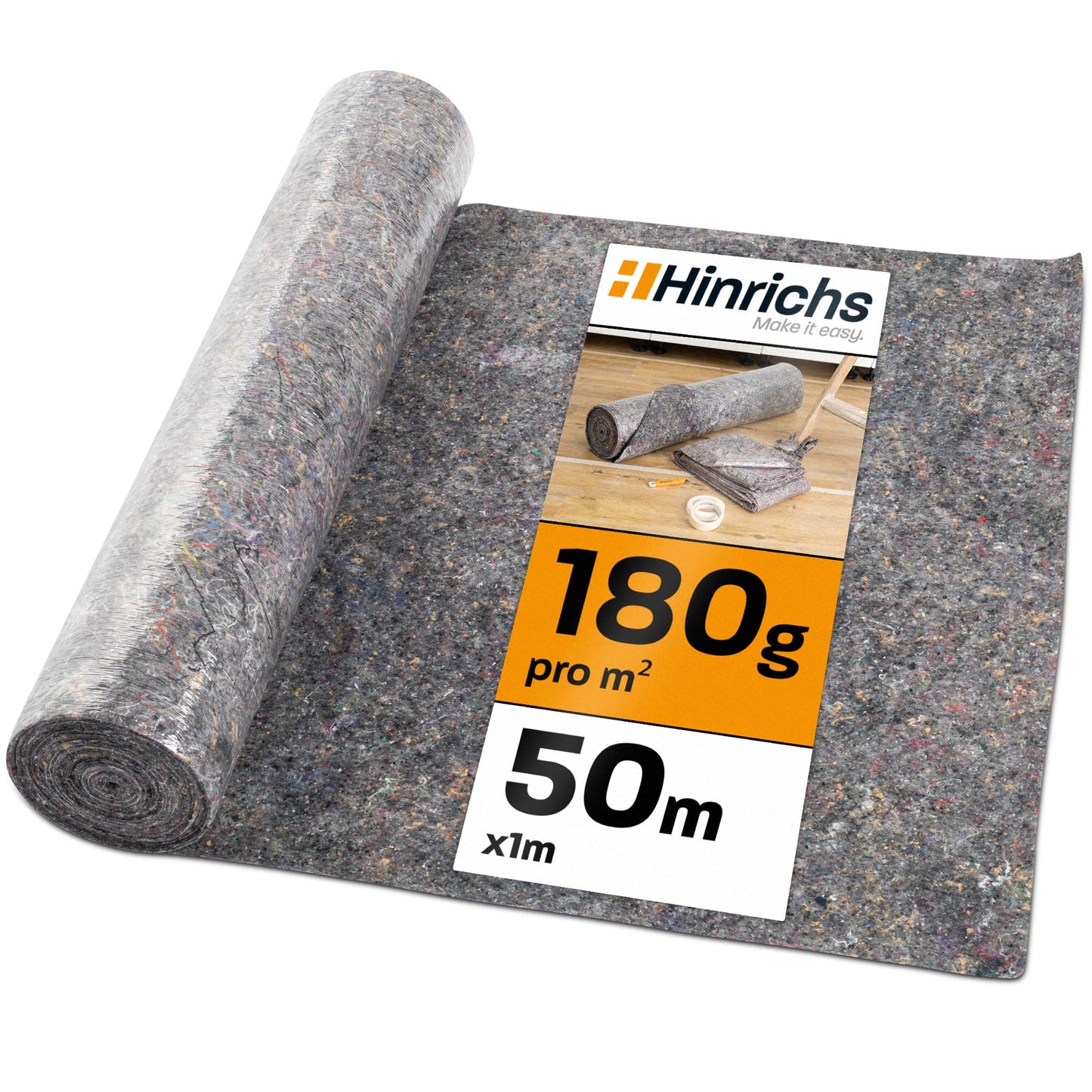 Hinrichs Malervlies 50m x 1m Rolle 180g/m² - Durchsickerungsschutz für Flüssigkeiten - Abdeckvlies - Abdeckfliesse für Boden mit Anti-Rutsch Beschichtung - Malerfliesrolle Abdeckflies als Abdeckung