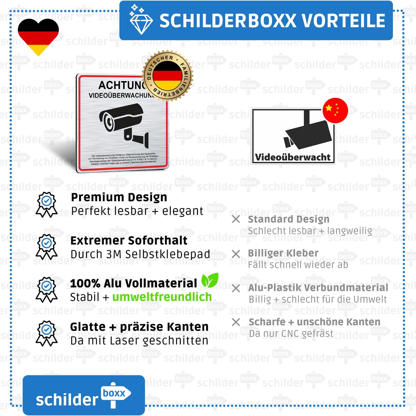 SCHILDERBOXX® Schild Videoüberwachung DSGVO [15x15cm, 100% Alu, 3M Tape] - Aufkleber Videoüberwacht Privatgrundstück, Kameraüberwachung Grundstück Video Überwacht, Achtung Kamera Überwachung