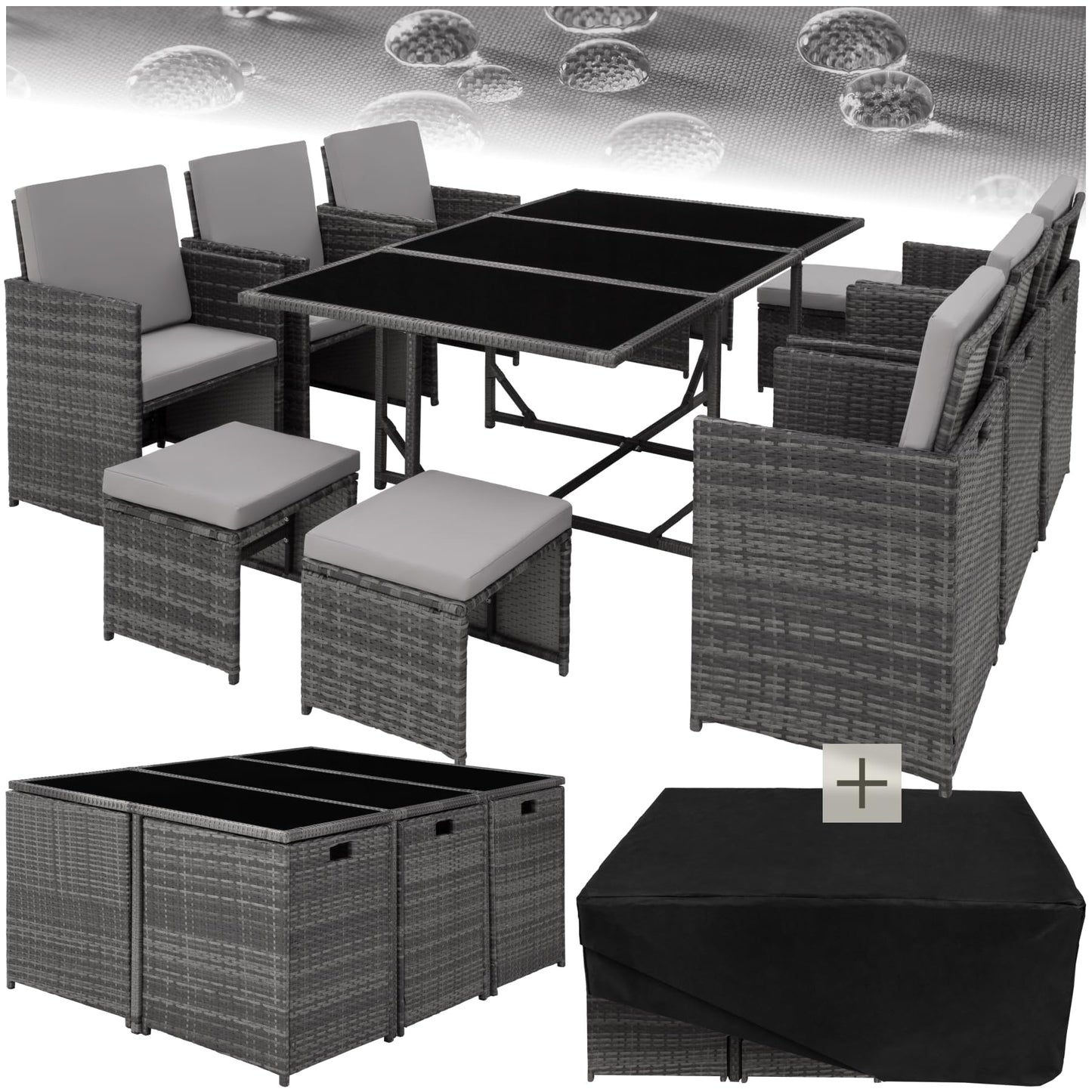 tectake® Outdoor Balkon Gartenmöbel Set, Lounge mit 6 Stühlen, 4 Hocker, 1 Tisch und Schutzhülle, Poly Rattan Geflecht, wetterfest, platzsparend - grau