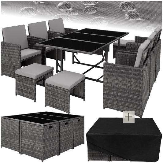 tectake® Outdoor Balkon Gartenmöbel Set, Lounge mit 6 Stühlen, 4 Hocker, 1 Tisch und Schutzhülle, Poly Rattan Geflecht, wetterfest, platzsparend - grau