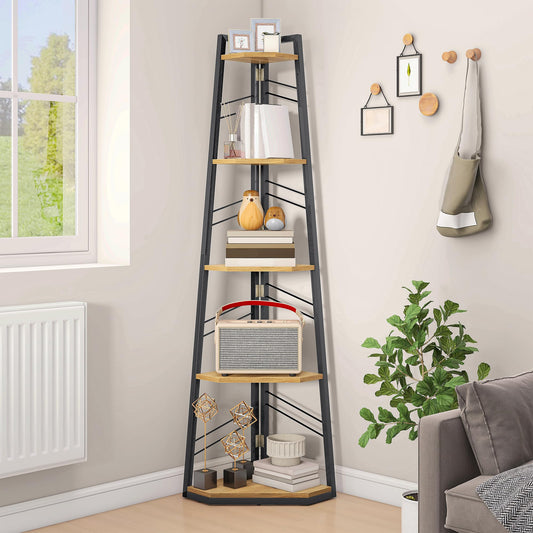 DWVO Eckregal 5 Ebenen in Eichenfarbe mit Metallrahmen, industrielles Leiter-Design als bodenständiges Displayregal für Wohnzimmer, Küche oder Schlafzimmer, platzsparend in der Ecke platziert.