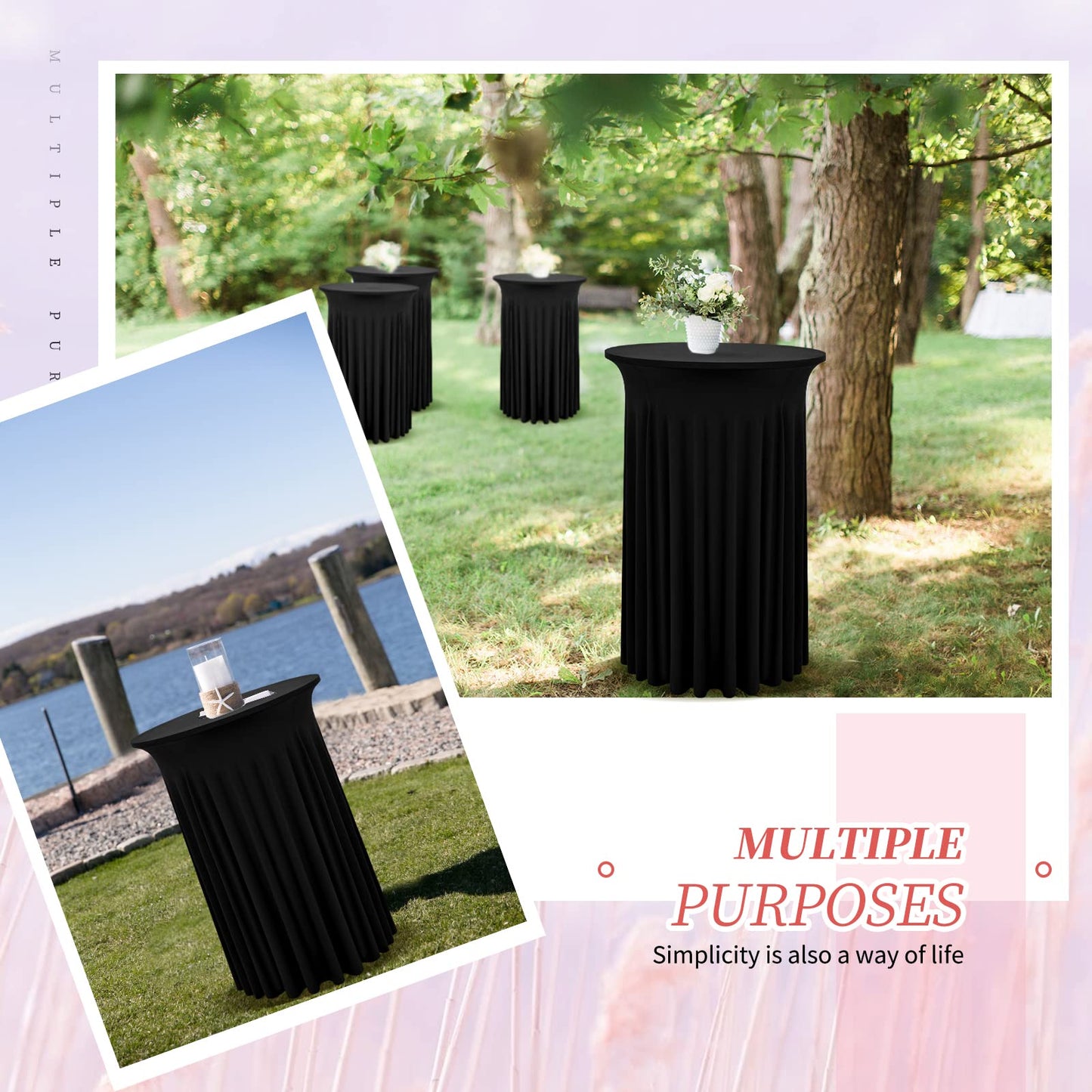 4er-Set Schwarz Stehtisch Hussen für Bistrotisch 60 x 110 cm Spandex-Stretch Tischdecke mit Rock, Runder Cocktail-Tischrocke für Hochzeit, Bar, Party, Geburtstag, Banketttisch