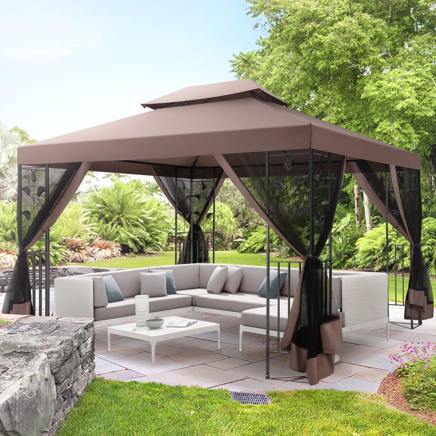 COBIZI Gartenpavillon Mit Moskitonetz Pavillon 3x4 Wasserdicht Stabil Winterfest Pavillon Metall Winterfest Sturmfest Garten Pavillon Wetterfest Gazebo Pavillon Metall Pavillon
