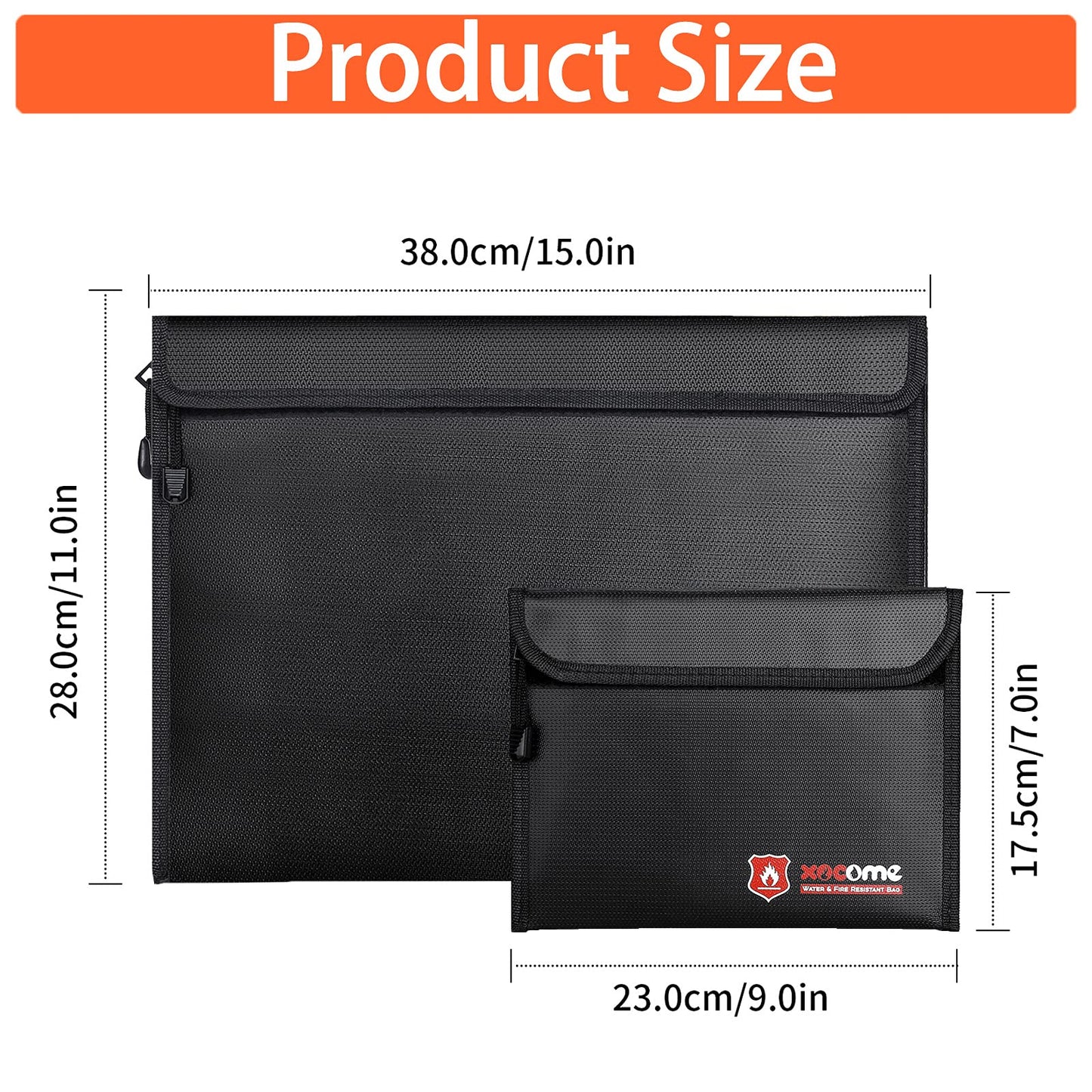 xocome 2 Stück Feuerfeste und wasserdichte Tasche(38x28cm, 23x17.5cm) Zweilagigen Glasfasermaterial, Feuersichere wasserdichte Aktentasche für A4 Dokumente, Passport Bankdatei Geld Wertsachen(Schwarz)
