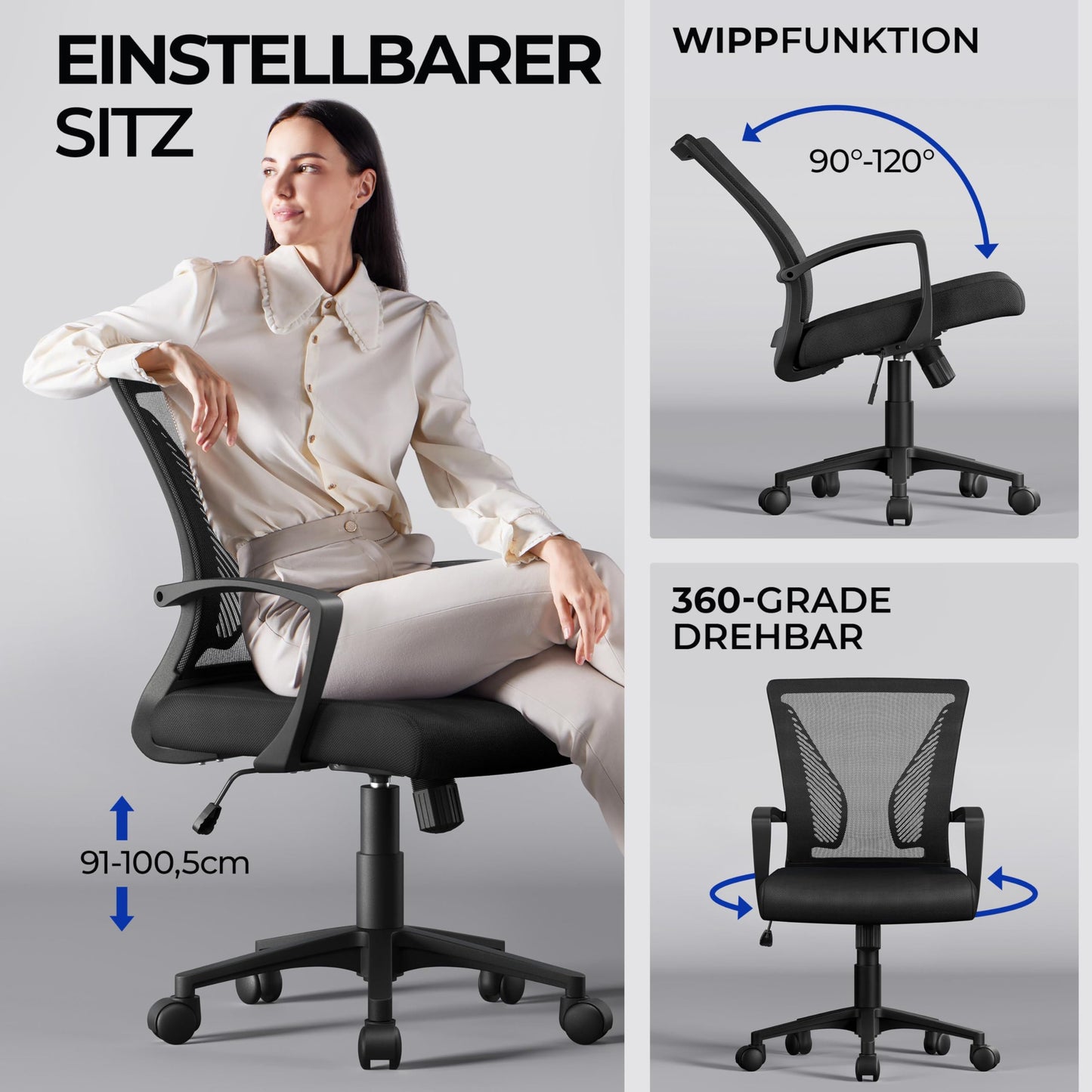 Yaheetech Bürostuhl Ergonomisch, Schreibtischstuhl mit Netzbespannung, Arbeitsstuhl mit Armlehnen, Chefsessel aus Mesh, höhenverstellbarer Computerstuhl 136 kg, atmungsaktiv, Wippfunktion Schwarz