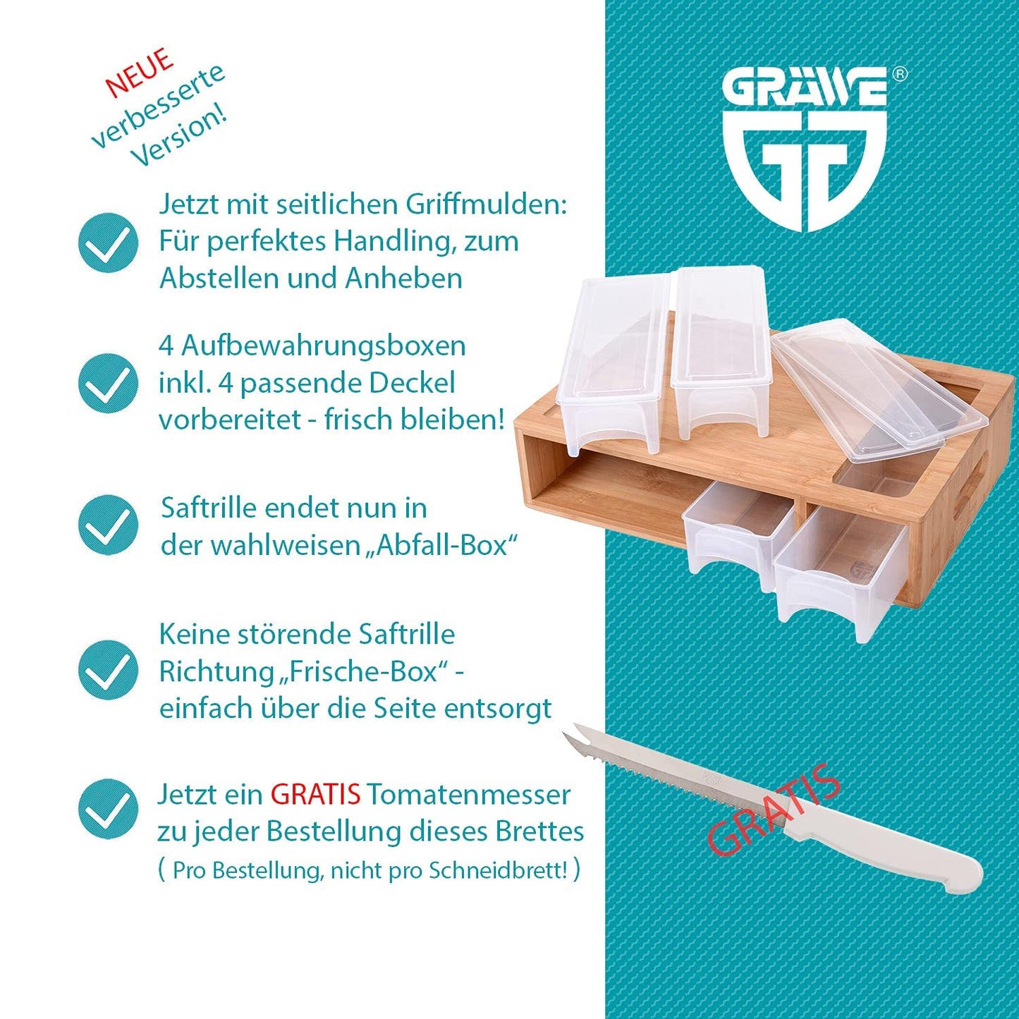 GRÄWE Bambus Schneidebrett groß, 40,5 x 27 cm, Holzbrett für Rechtshänder, Küchenbrett mit Auffangschalen, klingenschonend, rechteckig