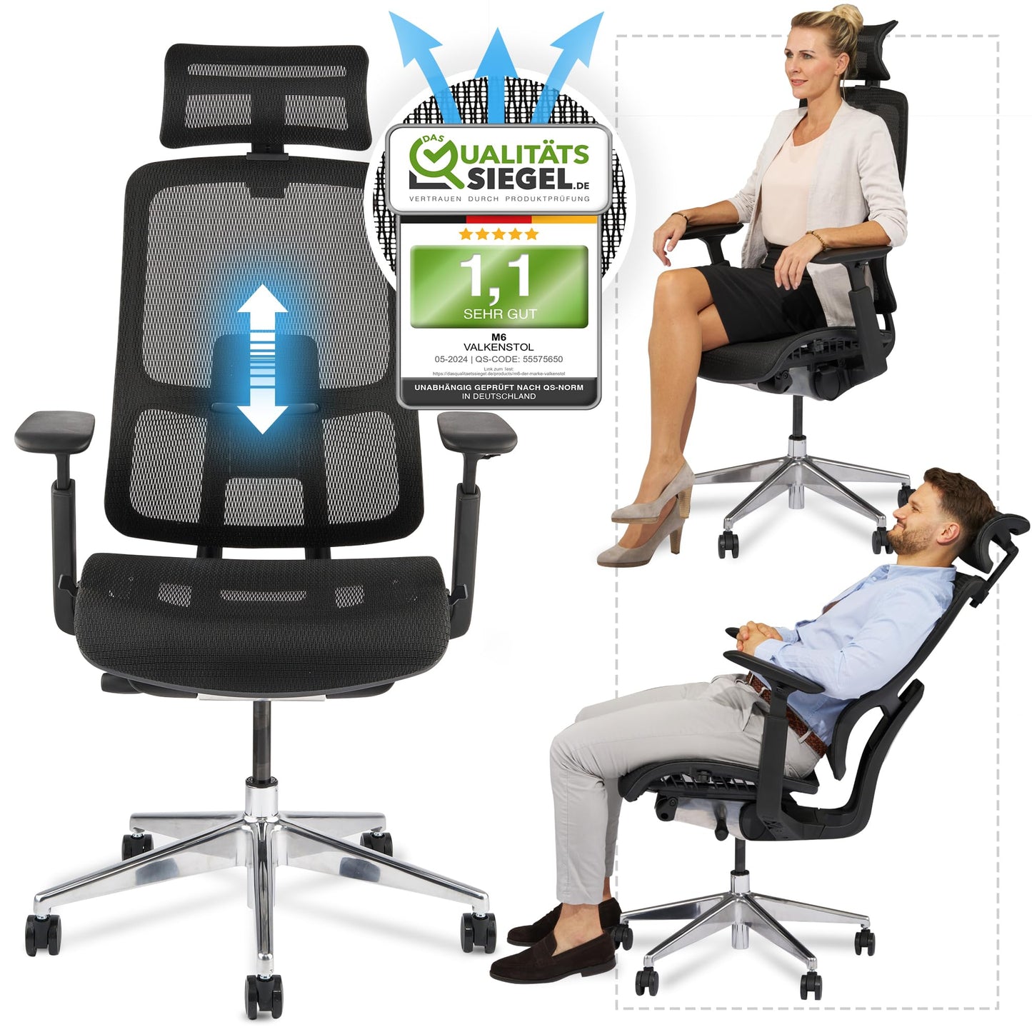VALKENSTOL M6 Bürostuhl Ergonomisch - Auch für Grosse Menschen, Mesh-Sitz Ergonomischer Bürostuhl Chefsessel Bürostuhl Schreibtischstuhl Office Chair
