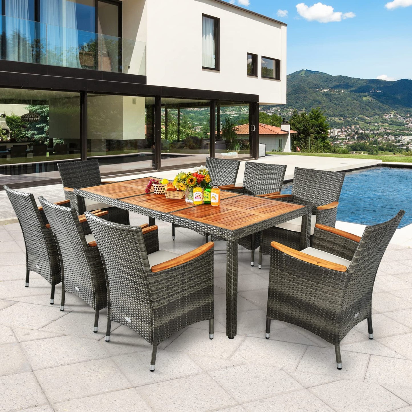 COSTWAY 9 TLG. Rattan Gartenmöbel Set, Sitzgruppe für 8 Personen, Gartentisch mit Tischplatte aus Akazienholz, 8 stapelbare Stühle & Kissen, Terrassenmöbel Set, Gartengarnitur, Sitzgarnitur, Essgruppe