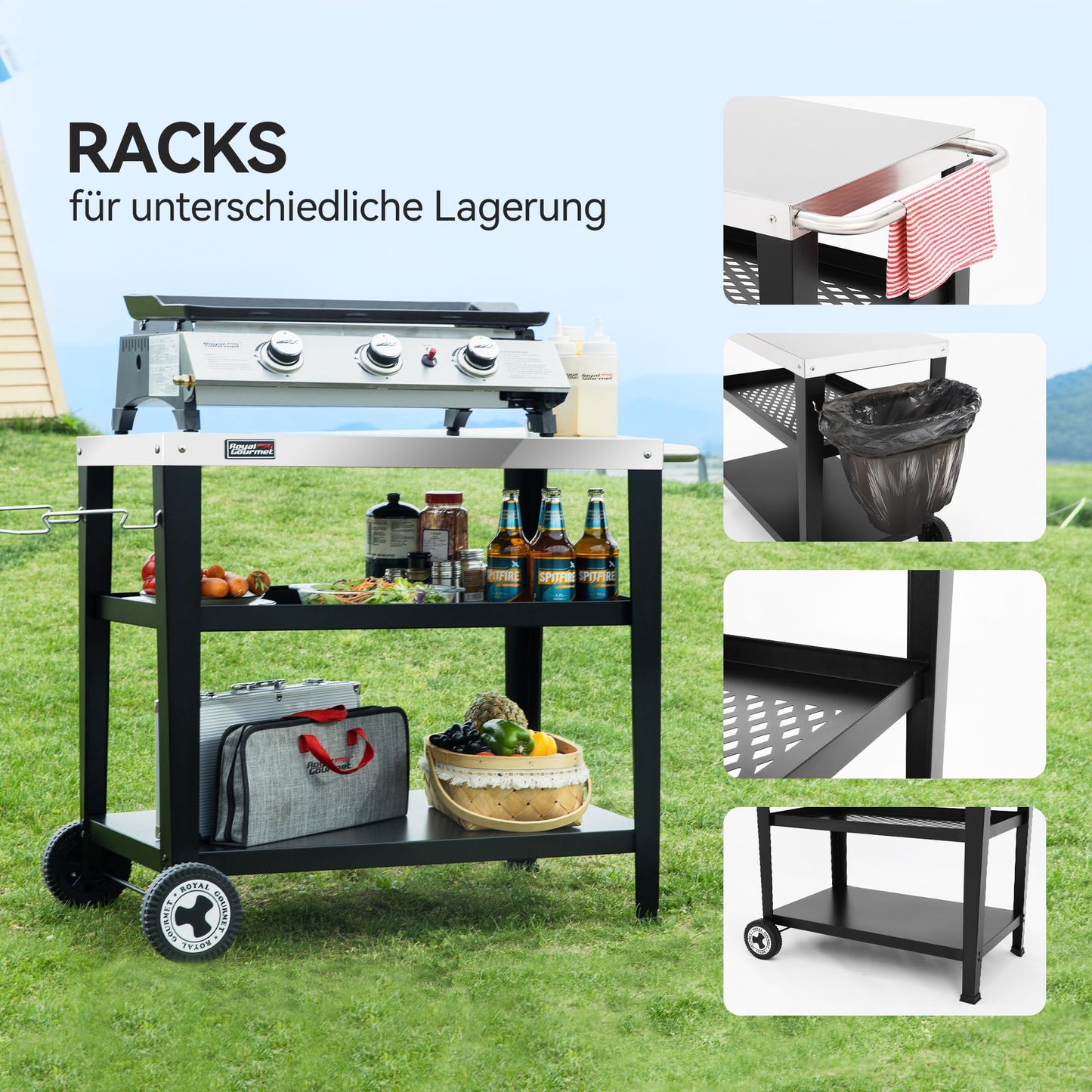 Royal Gourmet Servierwagen 3-Etagen mit Müllsackhalter Küchenwagen Edelstahl Beistelltisch Outdoor Plancha Grilltisch Rollwagen Trolley Silber Arbeitsplatte 85 x 50cm