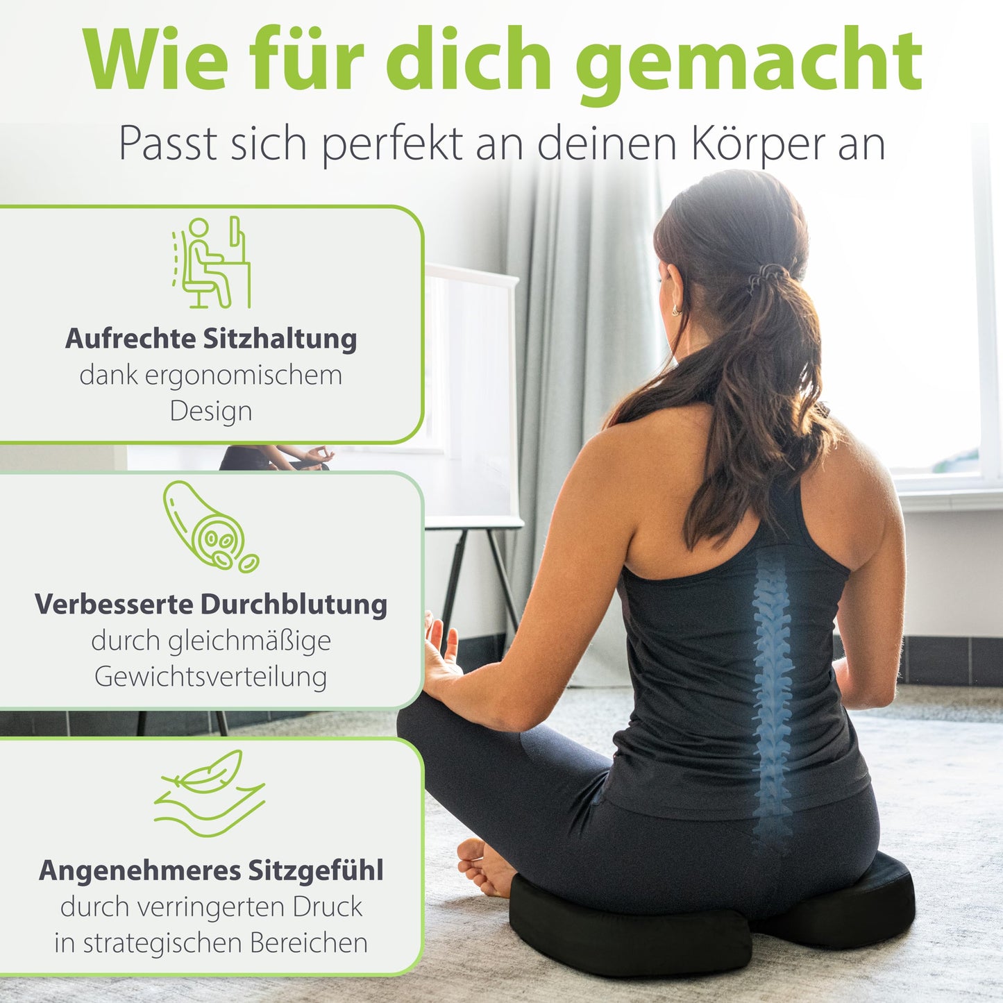 feela.® Orthopädisches Sitzkissen [3 Härtegrade] - Ergonomisches Sitzkissen für Bürostuhl & Co - Wirkt Schmerzreduzierend, Erhöht Sitzkomfort, Fördert Durchblutung und Entlastet das Steißbein (Medium)