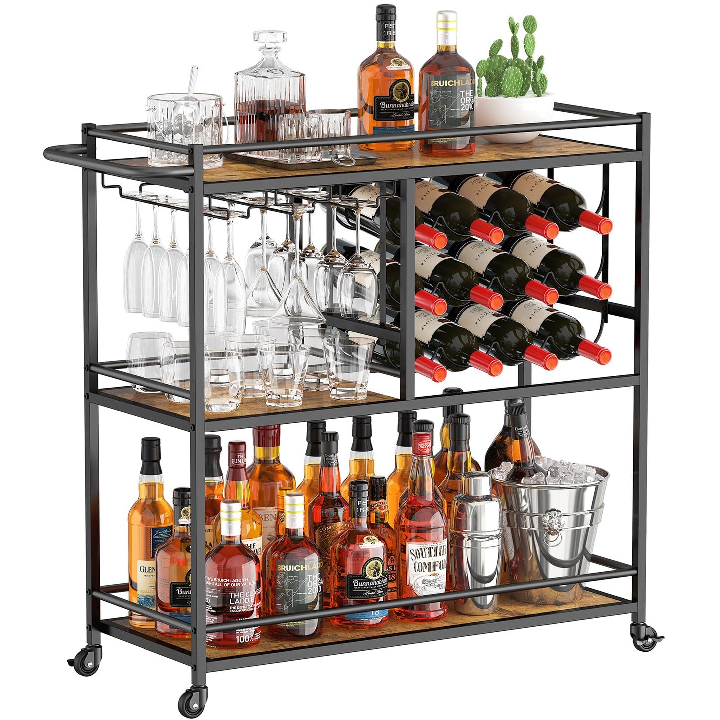 Lifewit Servierwagen, Barwagen mit 3 Ebenen und feststellbaren Rädern, 12 Weinfächern und 3 Reihen Glashalter, Küchenwagen,Cocktailwagen für Esszimmer Wohnzimmer, 80,2 x 33,2 x 86 cm, Braun-Rustikal