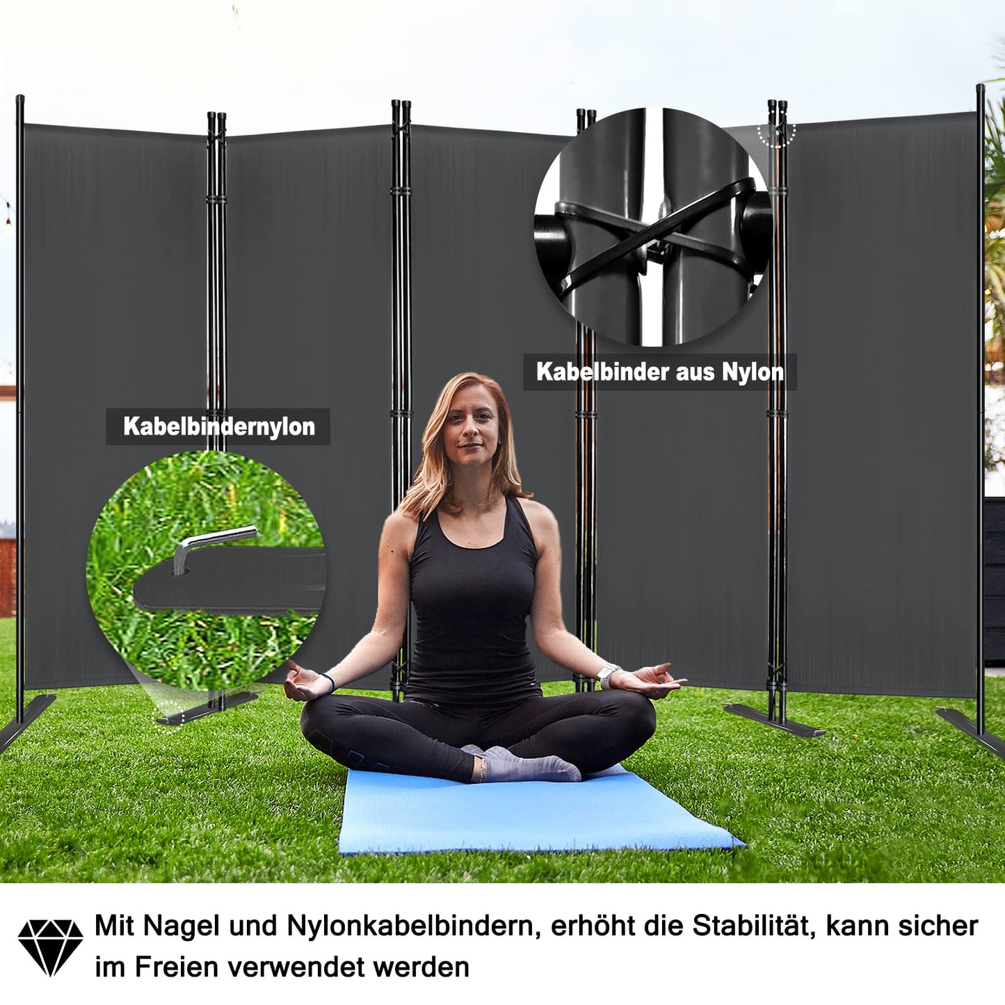 Froadp 280x180cm Klappbare Paravants mit Erdnägeln & Bändern Freistehend Stellwand Faltbare Umkleide Privatsphäre Raumteiler Windschutz Trennwand Sichtschutz Raumtrenner für Balkon Patio (Anthrazit)